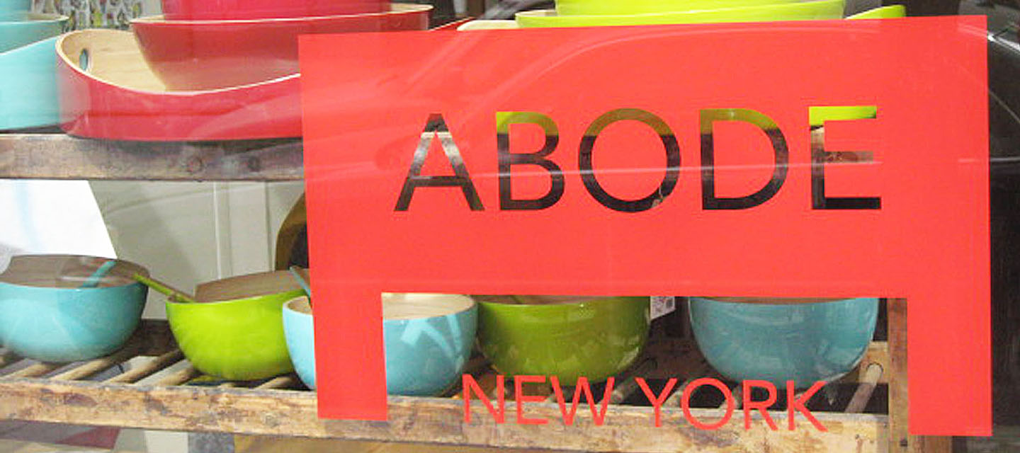 Abode New York storefront at 179 Grand Street, Williamsburg, Brooklyn. Logo design by Ron Hester