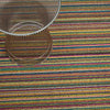Skinny Stripe Shag Mat by Chilewich. Bright Multi 200134-002. UPC 0667880913525. Shag indoor/outdoor mats are made by tufting custom extruded yarns as loops onto a primary backing and then binding them onto a hardworking vinyl that could weather any storm outdoors and provides functionality underfoot indoors. 