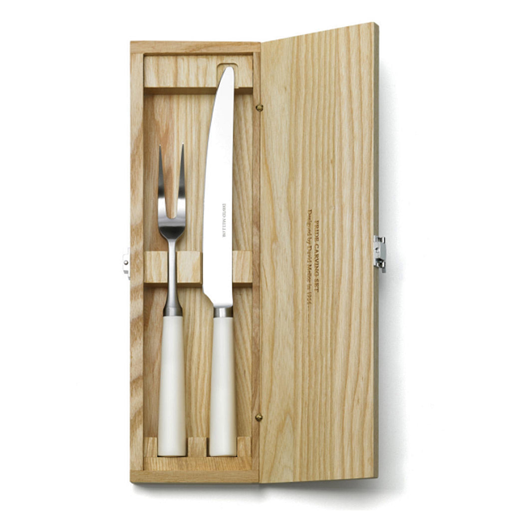 David Mellor Pride carving set. SKU 2518310. Comes in a solid ash case with hinged lid and clasp.