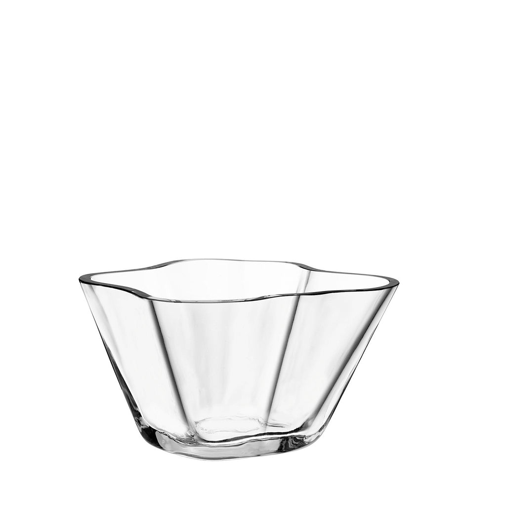 Iittala Alvar Aalto Collection Bowl 75mm clear. Art. 1024730.  EAN 6411923659956. 5.5" x 5.3” x 3". The Aalto vase dates back to 1936 and was first presented at the Paris World Fair the following year. Its fluid, organic form is still mouth blown today at the Iittala factory. It takes a team of seven skilled craftsmen working as one to create one Aalto vase – an icon of modern design.