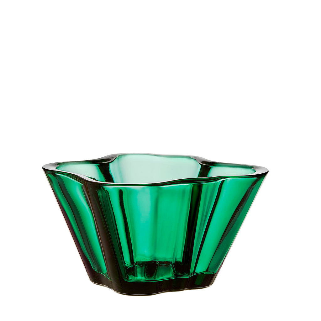 Iittala Alvar Aalto Collection Bowl 75mm emerald.  Art. 1024735. EAN 6411923659987. 5.5" x 5.3” x 3". The Aalto vase dates back to 1936 and was first presented at the Paris World Fair the following year. Its fluid, organic form is still mouth blown today at the Iittala factory. It takes a team of seven skilled craftsmen working as one to create one Aalto vase – an icon of modern design.