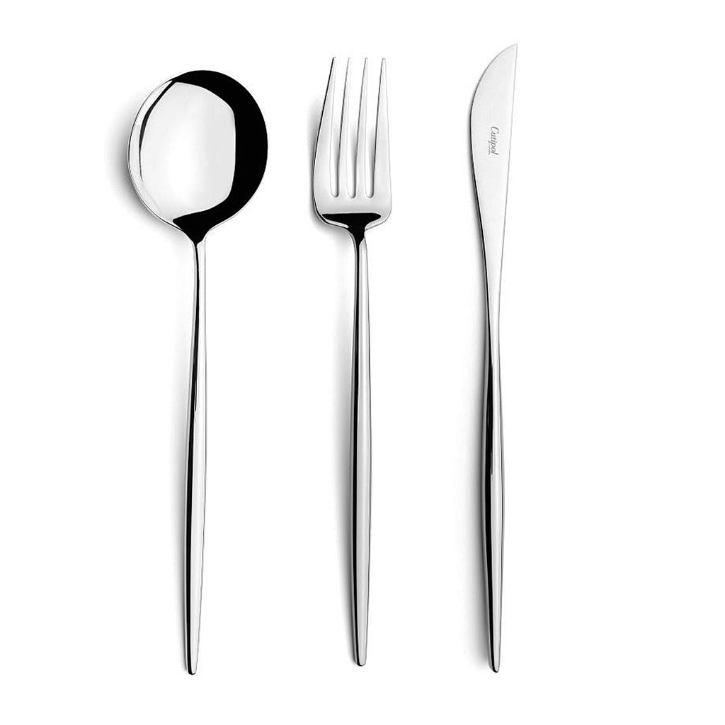 Cutipol Moon Mirror Polished table spoon, dinner fork and dinner knife.
