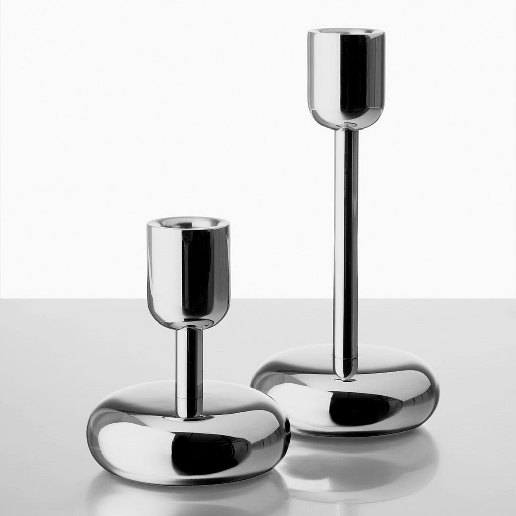 Iittala Nappula Stainless Steel Candleholders 107mm and 183mm by Matti Klenell.