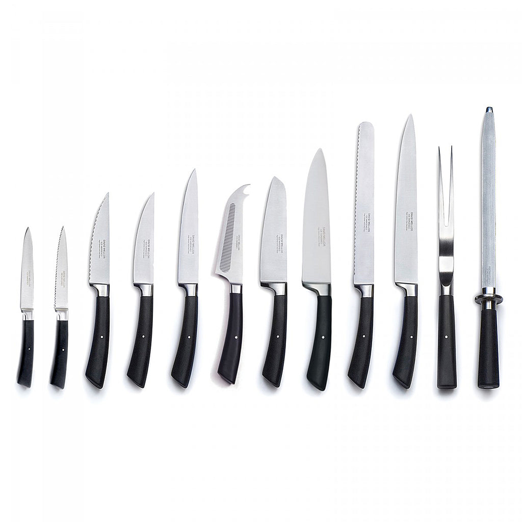 David Mellor Design Black Handle Kitchen Knives by Corin Mellor. Corin Mellor's 'Black Handle' stainless steel kitchen knives, specially developed for David Mellor Design, have proved enormously popular since they were first introduced.