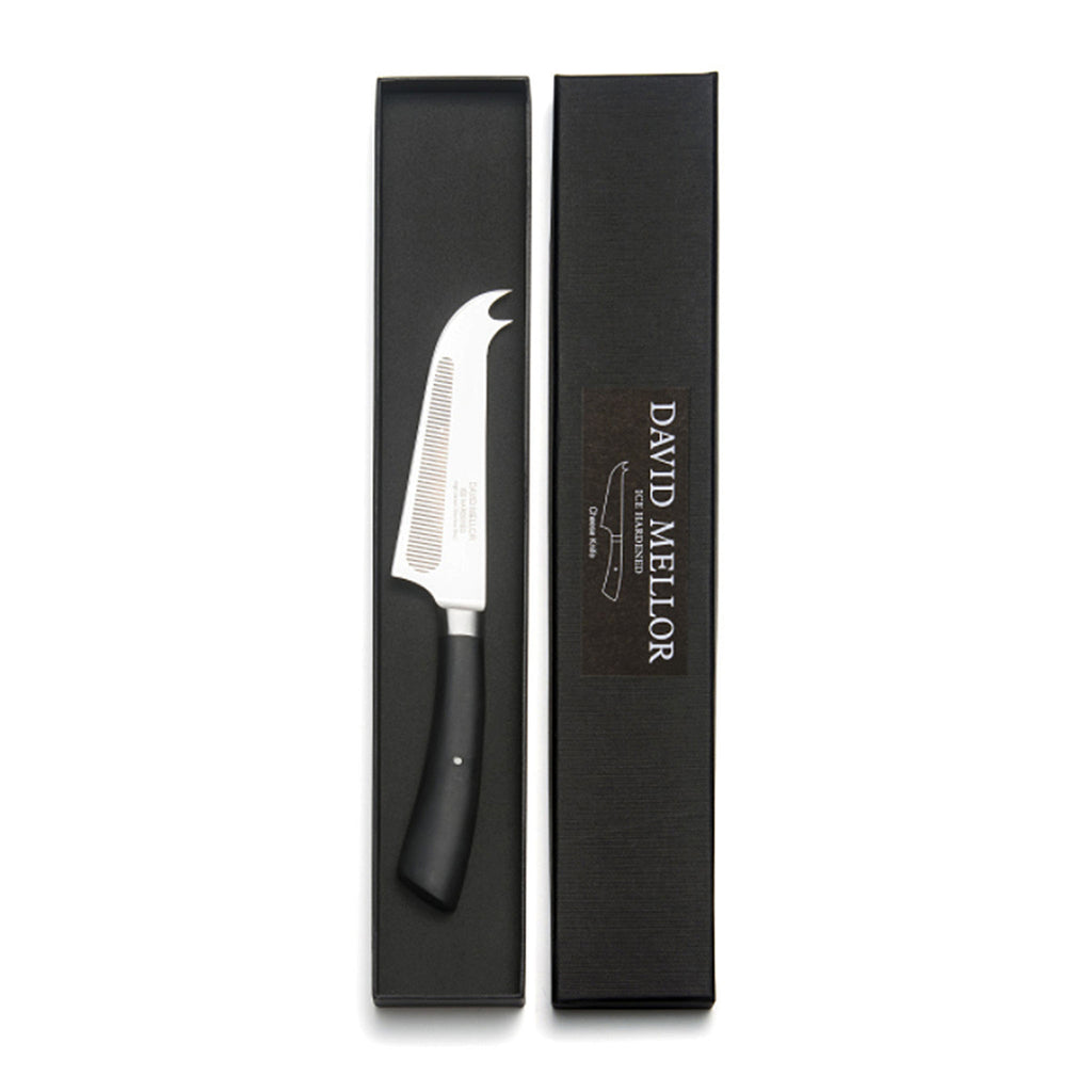 David Mellor black handle cheese knife 13.5cm. PRODUCT CODE 2511185. Gift box information: Length: 25.8cm Width: 3.5cm. Material: Martensitic steel, acetal resin.