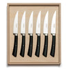 David Mellor black handle steak knife set. PRODUCT CODE 2518050. Black handled steak knives are made from high carbon stainless steel. The latest techniques in casting and precision grinding are used in conjunction with ice hardening to produce an extremely sharp and durable blade. The acetal resin handle incorporates an internal back weight, giving an excellent balance and grip. Steak knife blades are micro-serrated for effortless cutting.