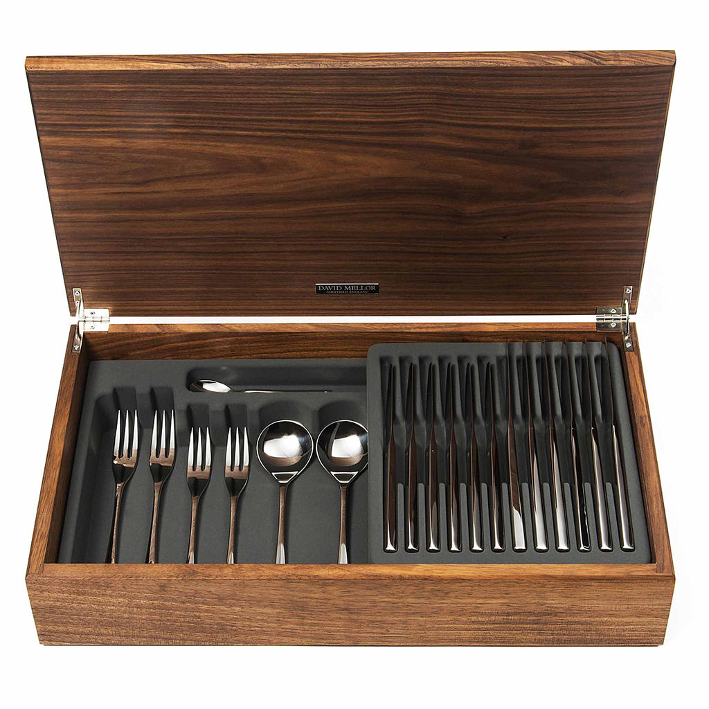 DAVID MELLOR CUTLERY Embassy 44-piece cutlery canteen walnut PRODUCT CODE 4992734. Handmade walnut canteen box containing:  6 table knives 6 dessert knives 6 table forks 6 dessert forks 6 soup spoons 6 dessert spoons 6 tea spoons 2 serving spoons.