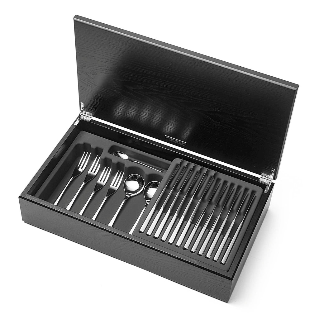 DAVID MELLOR CUTLERY Embassy 58-piece cutlery canteen oak PRODUCT CODE 4992726 Handmade black stained oak canteen box containing:  8 table knives 8 dessert knives 8 table forks 8 dessert forks 8 soup spoons 8 dessert spoons 8 tea spoons 2 serving spoons; Embassy 88-piece cutlery canteen oak PRODUCT CODE 4992728. Handmade black stained oak canteen box containing:  12 table knives 12 dessert knives 12 table forks 12 dessert forks 12 soup spoons 12 dessert spoons 12 tea spoons 4 serving spoons.