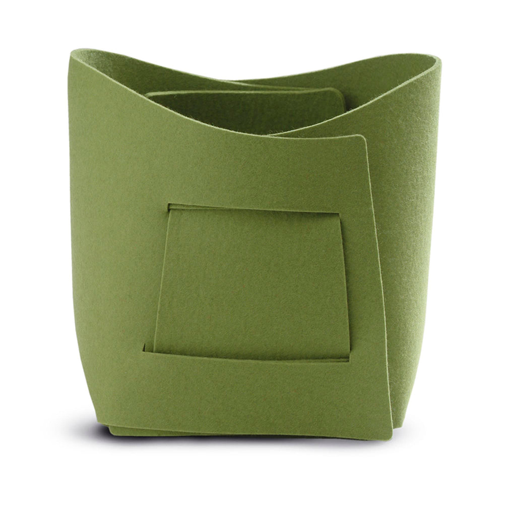 Kori Felt Basket by Kasper Nyman for Verso Design. VK2-07 in green. 6.8" x 5.13" x 6.8" assembled; 0.3cm / 0.125" thickness.