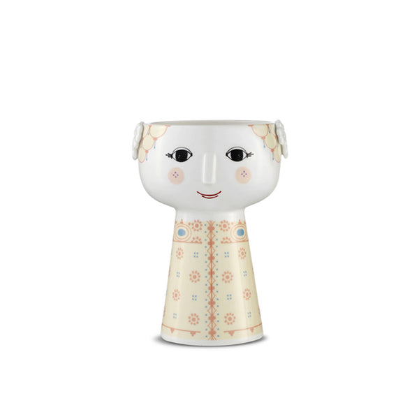 Bjørn Wiinblad Eva Vase, Soft Yellow. Art. No. 56510. Height: 6" Diameter: 4." The vase is made of glossy glazed porcelain with a rose-pink decal and an elegant relief floral pattern on both sides.