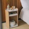 APTO Contour Side Table - Steel + Wood - White. SKU 10488. Bring style and function to any room with this modern three-tier steel and wood side table. Designed with your lifestyle in mind. The table features an opening in the back for easy cable management and charging. Balances modern steel surfaces with stylish molded plywood.