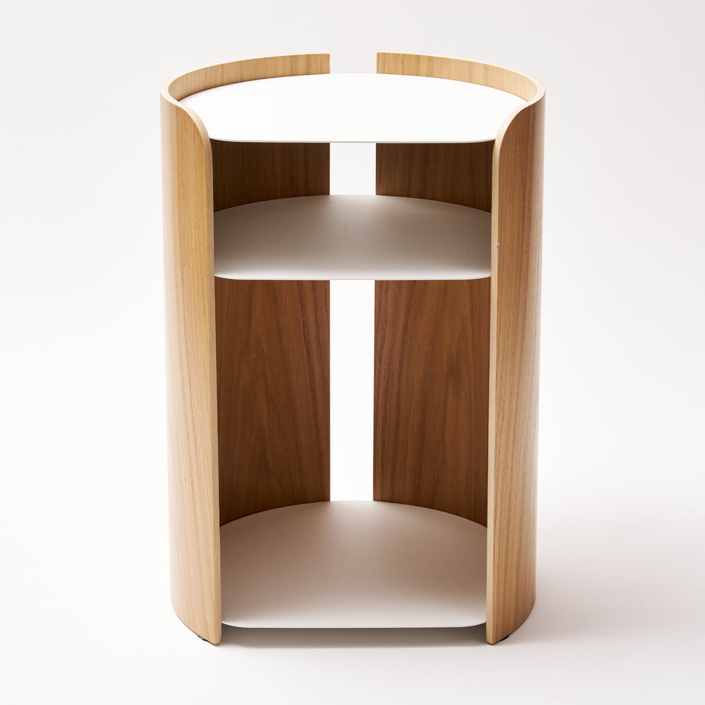 APTO Side Table - Steel + Wood - White. SKU 10488. A clean, modern side table that complements any room. Perfect height for beside the bed or next to your favorite chair. Sleek design with practical storage. Quality materials for lasting beauty. Bring style and function to any room with this modern three-tier steel and wood side table.