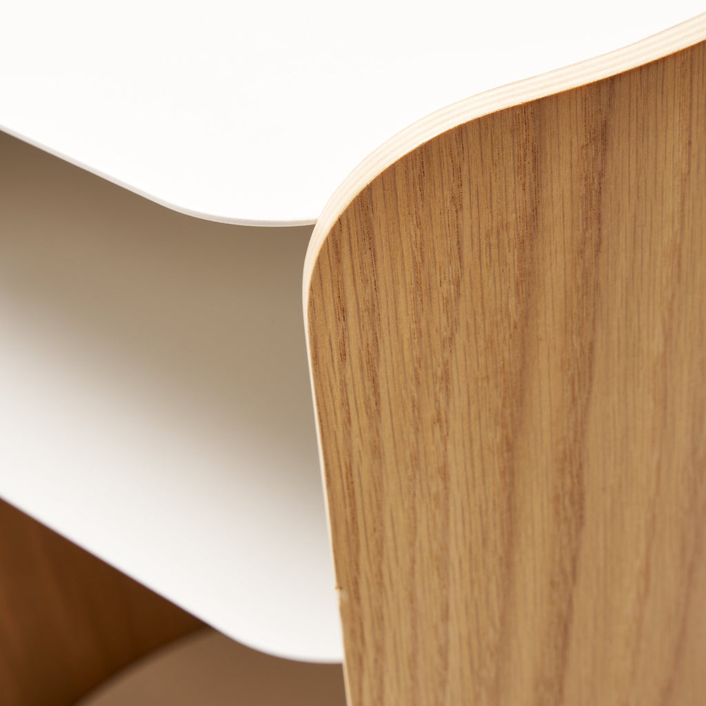 APTO Side Table - Steel + Wood - White. SKU 10488. A clean, modern side table that complements any room. Perfect height for beside the bed or next to your favorite chair. Sleek design with practical storage. Quality materials for lasting beauty. Bring style and function to any room with this modern three-tier steel and wood side table. 