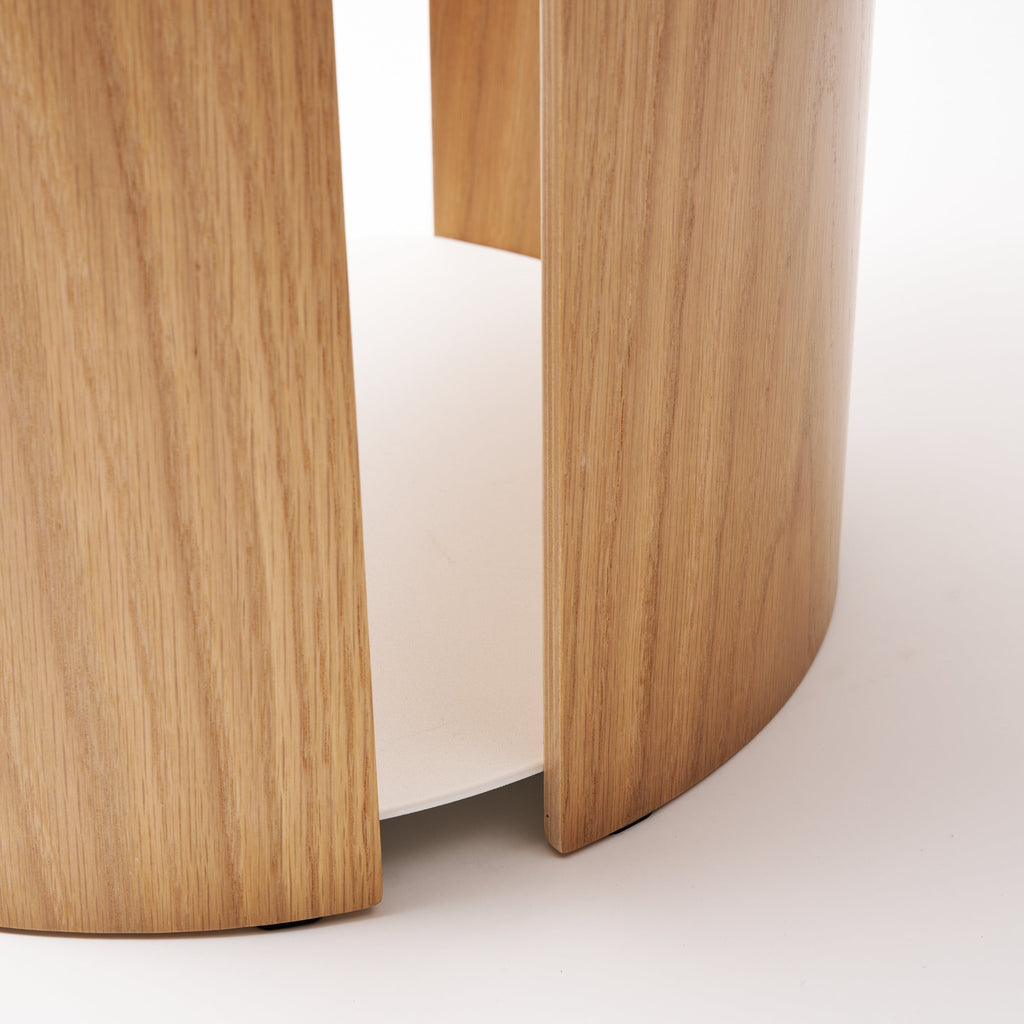 APTO Side Table - Steel + Wood - White. SKU 10488. A clean, modern side table that complements any room. Perfect height for beside the bed or next to your favorite chair. Sleek design with practical storage. Quality materials for lasting beauty. Side panels are molded plywood, and shelves are powder-coated steel.