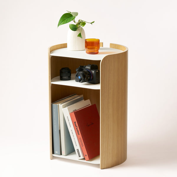 APTO Side Table - Steel + Wood - White. SKU 10488. A clean, modern side table that complements any room. Perfect height for beside the bed or next to your favorite chair. Sleek design with practical storage. Quality materials for lasting beauty.