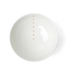 Satin White Dots 7-1/4" Bowl. SKU 140-032. UPC 846682040220. White glazed bowls with beige circle design. 7-1/4" diameter x 3-3/8"h. Dishwasher/microwave safe. Ceramic. Made in Japan.
