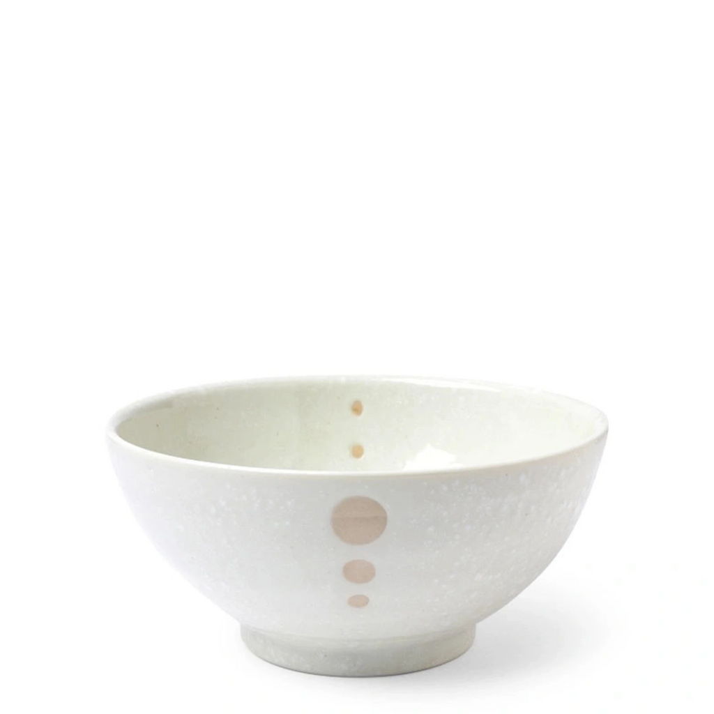 Satin White Dots 7-1/4" Bowl. SKU 140-032. UPC 846682040220. White glazed bowls with beige circle design. 7-1/4" diameter x 3-3/8"h. Dishwasher/microwave safe. Ceramic. Made in Japan.