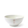 Satin White Dots 7-1/4" Bowl. SKU 140-032. UPC 846682040220. White glazed bowls with beige circle design. 7-1/4" diameter x 3-3/8"h. Dishwasher/microwave safe. Ceramic. Made in Japan.