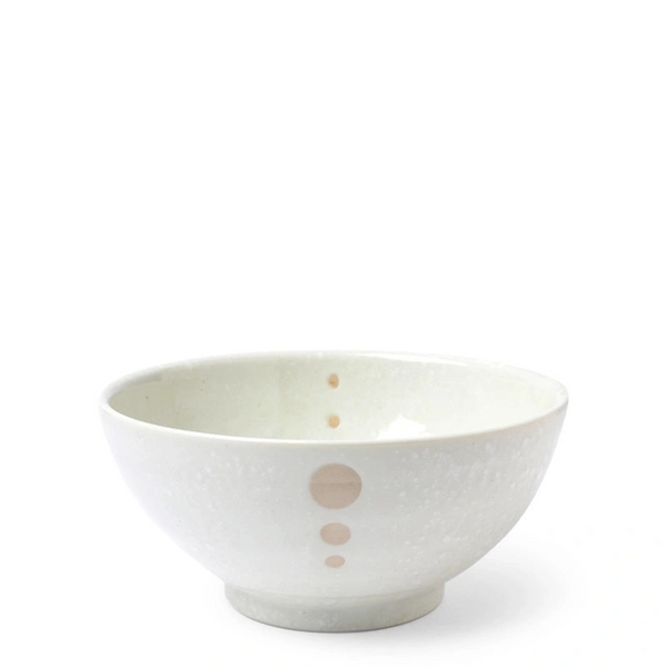 Satin White Dots 7-1/4" Bowl. SKU 140-032. UPC 846682040220. White glazed bowls with beige circle design. 7-1/4" diameter x 3-3/8"h. Dishwasher/microwave safe. Ceramic. Made in Japan.