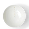 Satin White Dots 8-3/8" Bowl. SKU 140-062. UPC 846682045614. Cream glazed bowls with beige circle design. 8-3/8" diameter x 3-1/4"h. Dishwasher and microwave safe. Ceramic. Made in Japan.