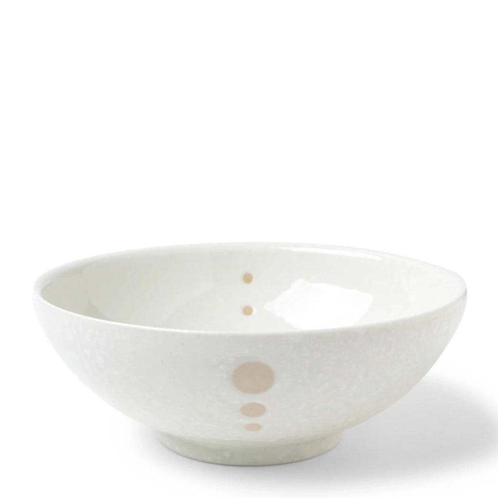 Satin White Dots 8-3/8" Bowl. SKU 140-062. UPC 846682045614. Cream glazed bowls with beige circle design. 8-3/8" diameter x 3-1/4"h. Dishwasher and microwave safe. Ceramic. Made in Japan.