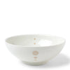 Satin White Dots 8-3/8" Bowl. SKU 140-062. UPC 846682045614. Cream glazed bowls with beige circle design. 8-3/8" diameter x 3-1/4"h. Dishwasher and microwave safe. Ceramic. Made in Japan.