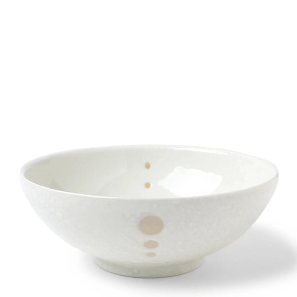 Satin White Dots 8-3/8" Bowl. SKU 140-062. UPC 846682045614. Cream glazed bowls with beige circle design. 8-3/8" diameter x 3-1/4"h. Dishwasher and microwave safe. Ceramic. Made in Japan.
