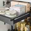 The pull-out shelf makes it easy to access items in the back of the cabinet. Adjust the shelf height for storage that's just right. Conveniently store tall condiments, detergents, or plastic bottles with ease. Customize the height of the top bin to one of four levels to accommodate items of any height.