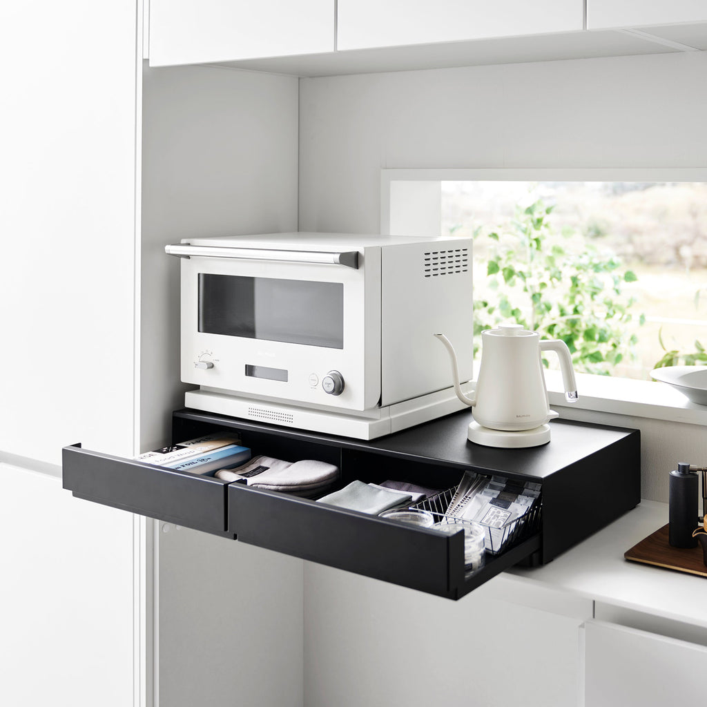 Two-way storage rack with interchangeable drawer and shelf position.
The drawer can be pulled out up to 8 inches, while the shelf can be extended up to approximately 9.8 inches.
Drawer interior dimensions are approximately 3.5 inches in height, providing excellent storage capacity.