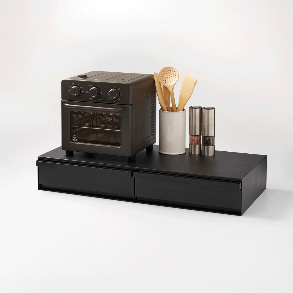 Transform your counter with this sleek 2-in-1 drawer and slide-out shelf—smart, stylish storage designd to fit underneath everyday kitchen appliances.