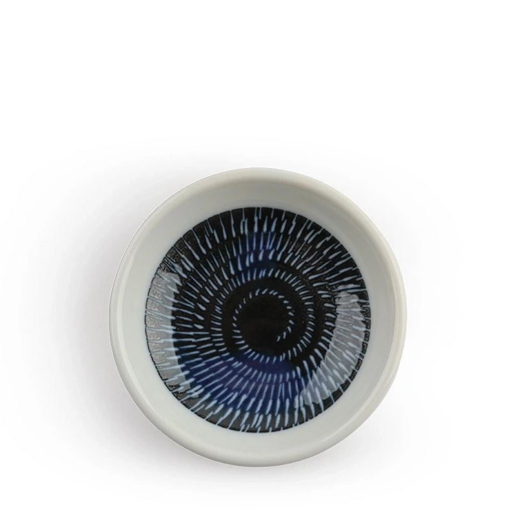Tobikanna Blue Sauce Dish.3.5" diameter. Ceramic. Microwave/dishwasher safe. Made in Japan. SKU 170-607B. UPC 845332034381.