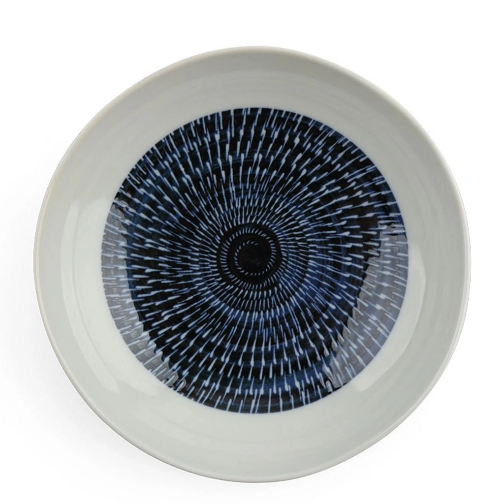 SKU 170-608B. UPC 845332034404. Tobikanna Indigo Blue Series shallow bowl.  Great for salads and snacks. 6.75" diameter x 2"h. Ceramic. Microwave/dishwasher safe. Made in Japan.
