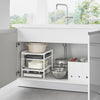 This three-tier steel kitchen storage rack is your helpful aid for cabinet organization! Adjust the bottom two shelves as you wish to store baking sheets, electric burners, pots and pans, and other bulky kitchen appliances that are otherwise hard to store. An effective solution to keep your cleaning tools in check under the kitchen sink, and even bathroom cabinets.