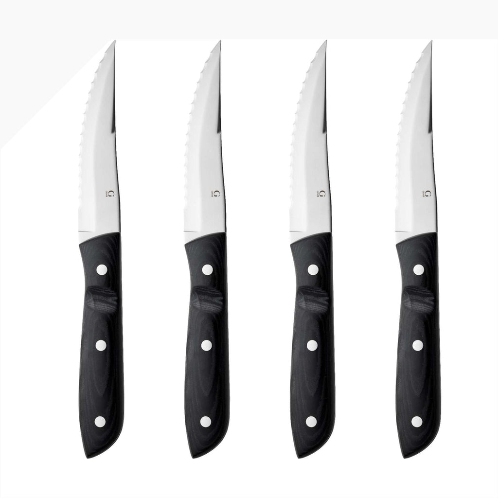 GENSE Old Farmer Micarta Steak knife XL 4 pcs. SKU 20349. Old Farmer is a beautiful and rustic stainless steel steak cutlery. Old Farmer Black has a high-quality POM plastic handle, while Old Farmer Classic features a pressed rosewood handle. The cutlery is designed by Bent Severin, an industrial designer who worked with perfection in every material. He was considered one of Denmark’s leading sculptors and designers with significant influence in the creative world.