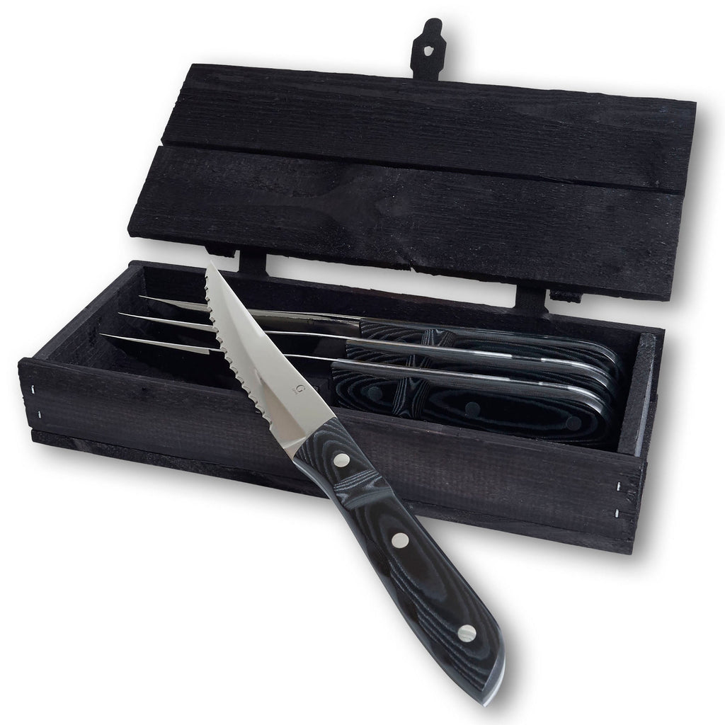Old Farmer Micarta Steak knife XL 4 pcs. SKU 20349. Old Farmer is a beautiful and rustic stainless steel steak cutlery. Old Farmer Black has a high-quality POM plastic handle, while Old Farmer Classic features a pressed rosewood handle. The cutlery is designed by Bent Severin, an industrial designer who worked with perfection in every material. 