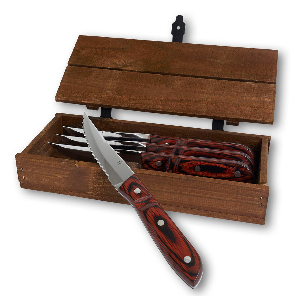 Old Farmer Classic Steak knife XL 4 pcs. SKU 20351. Old Farmer is a beautiful and rustic stainless steel steak cutlery. Old Farmer Black has a high-quality POM plastic handle, while Old Farmer Classic features a pressed rosewood handle. The cutlery is designed by Bent Severin, an industrial designer who worked with perfection in every material. 
