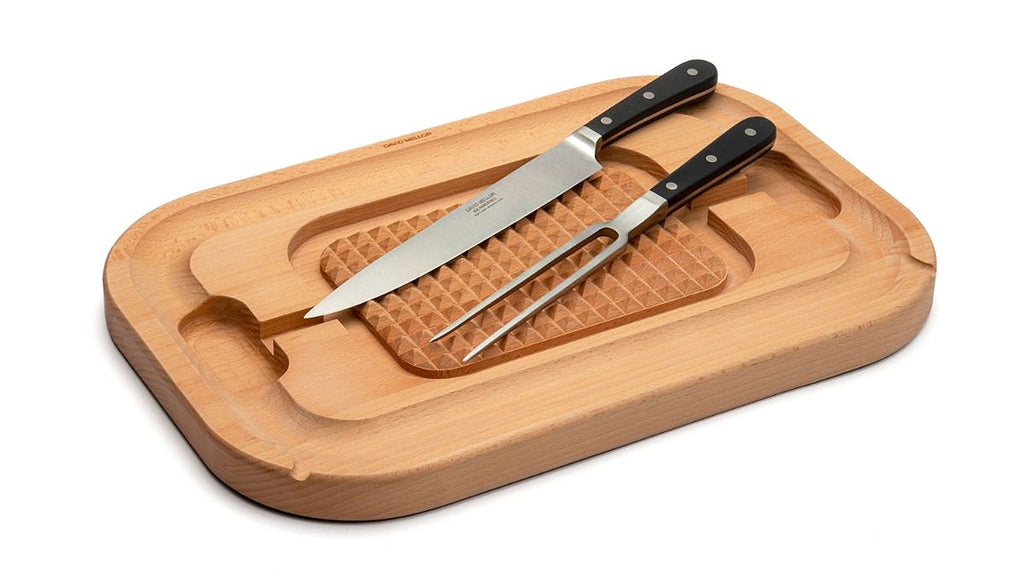Our own-brand cutting boards are handmade in wood from sustainable sources by small specialist craft workshops. These are really top quality products.

The natural finish and smooth surface of the specially selected hardwoods make them ideal for kitchen use. Oiled European beech with a ridged centre for anchoring joint while cutting and an excellent groove for collecting juices.