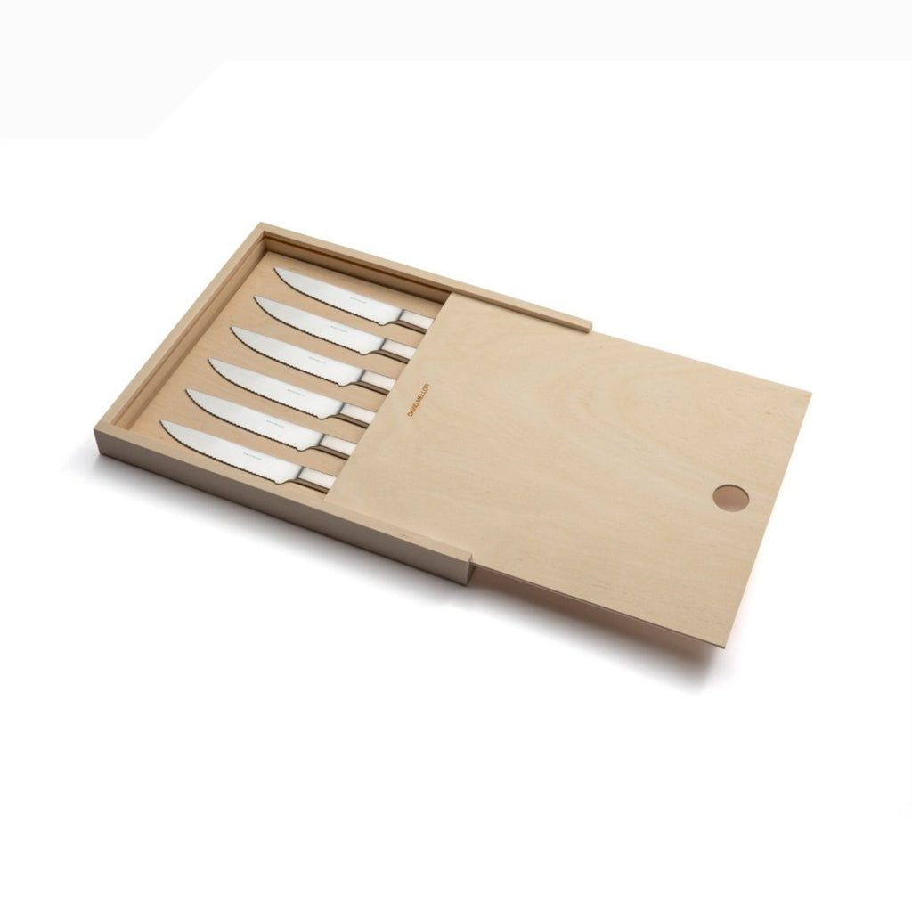 Chelsea steak knife set. Set of 6 steak knives in a plywood box. Corin Mellor’s Chelsea cutlery is very finely detailed with subtle variations of thickness. Its classic shapes and satin finish make it suitable for both modern and traditional interiors and dining styles. The range of items is exceptionally comprehensive.