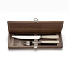 New edition of David Mellor’s famous ‘Pride’ carving set first designed in 1956. Expertly hand finished with ivory coloured handles. Super-sharp high carbon stainless steel blade has been ice-hardened to minus 80ºc.

Comes in a solid walnut case with hinged lid and clasp.
