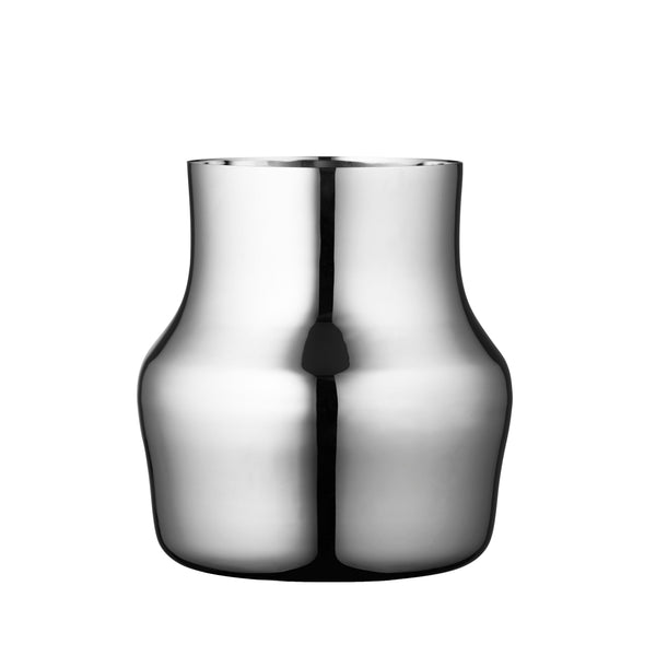 Crafted from recycled 18/10 polished stainless steel, the vase’s sleek surface and reflective finish bring a modern elegance to any space, capturing the light and adding a striking, yet serene, accent to your decor.