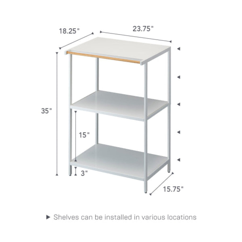The perfect solution for a storage-challenged kitchen, pantry, home office, or hobby room. Create dedicated spaces for your mid-sized appliances such as toaster ovens, microwaves, and blenders. Comes with pre-drilled holes for easy shelf installation. The organizer is made of steel with an accent of lacquer coated natural wood, making it as beautiful as it is sturdy. This product is 18.31 x 23.62 x 35.43 inches (L x W x H) and weighs 23.15 pounds.