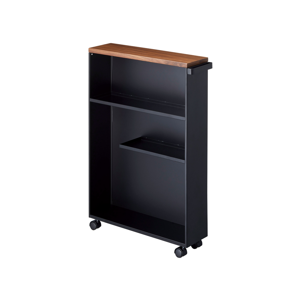 Restore order and maximize storage space in any room of the home. The adjustable handle, smooth wooden tabletop, and inner shelves all add to the function and style of this rolling cart.