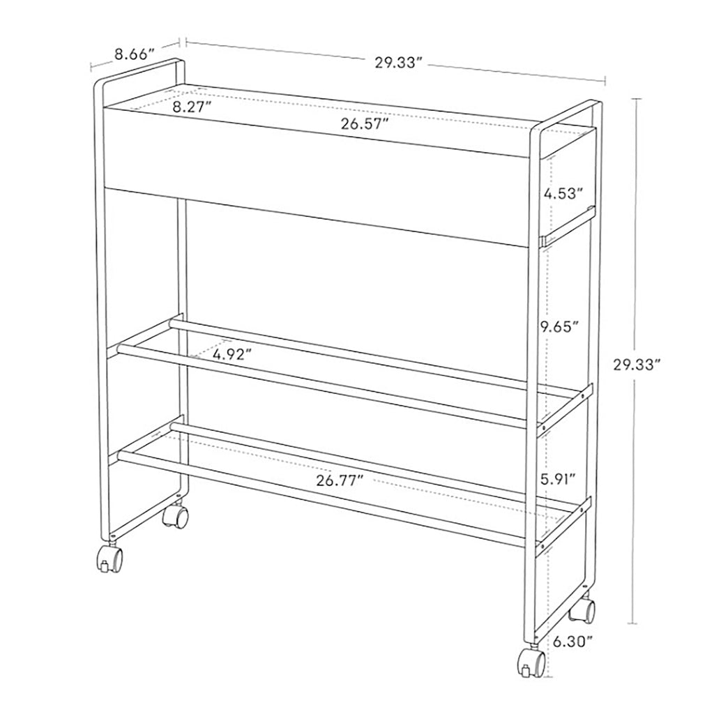 Entryway storage on wheels. Modern design with easy accessibility. Three-tiered organizer featuring a basket and two lower shelves. Streamline indoor gardening. Customize the compartments. Keep athletic equipment by the door. Storage rack for indoor use. Basket is removable. Two of the wheels can be locked into place to prevent rolling. Holds up to (6) six pairs of shoes.