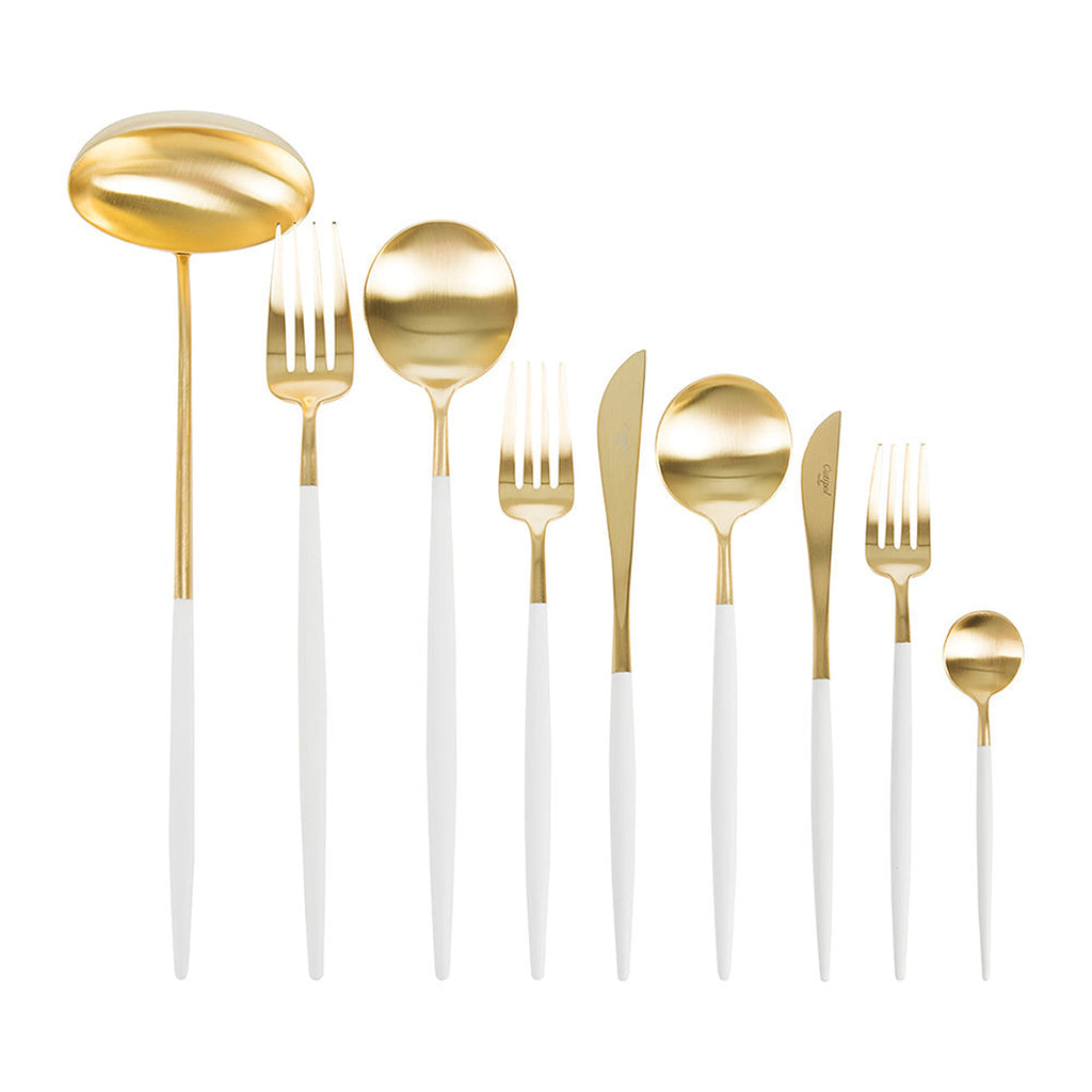 Bring casual luxury to your table with Goa White Matte Gold Collection from Cutipol.   Made from high quality 18/10 stainless steel, this sleek, resin-handled luxury cutlery is perfect for dinner parties.  