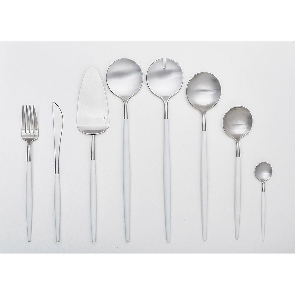 Cutipol Goa White Cutlery Collection is modern cutlery that is the best result of a constant effort for improvement, an insatiable spirit of innovation and the gathering of expertise and know-how over several generations going back to the very origins of the cutlery industry in Portugal. This collection's long slender handles, distinctive spoons, and feather like knives stand out from ordinary. 