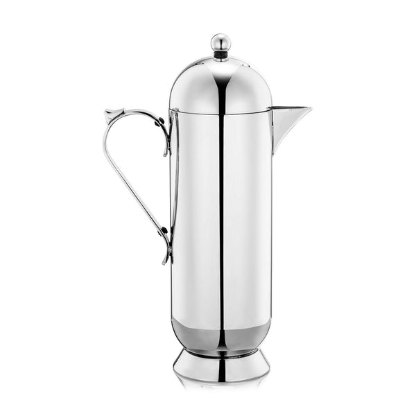 Large Domus Cafetière made from 18/8 polished stainless steel with stainless steel plunger mechanism. With a domed top and insulated steel knob and handle. Features a non-drip spout. Dishwasher safe.