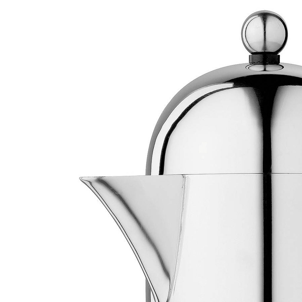 Nick Munro Large Domus Cafetière made from 18/8 polished stainless steel with stainless steel plunger mechanism. With a domed top and insulated steel knob and handle. Features a non-drip spout. Dishwasher safe.