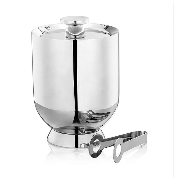 TROMBONE ICE BUCKET AND TONGS - SKU NM00045. The Trombone ice bucket has an insulated double wall and heavy duty lid which keeps the ice cooler for longer. The tongs are specifically designed to pick up ice efficiently, which makes them perfect for serving drinks with panache. Height: 20 cm. Diameter: 13 cm