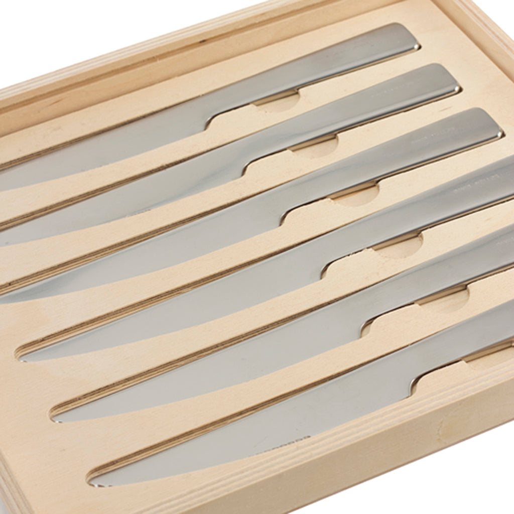 David Mellor London steak knife set. Handmade wooden box with sliding lid.  Contains 6 serrated 'London' knives, each in its individual slot. SKU 2518020.