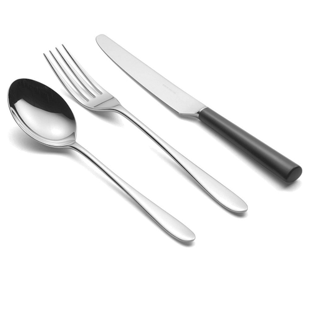 Pride black handled six-piece cutlery place setting. SKU 4993758. The simplicity of form and flawless mirror polish finish of ‘Pride’ creates a supremely elegant table setting, leading it to be used in many prestige restaurants and hotels all over the world. Black acetal resin knife handle.